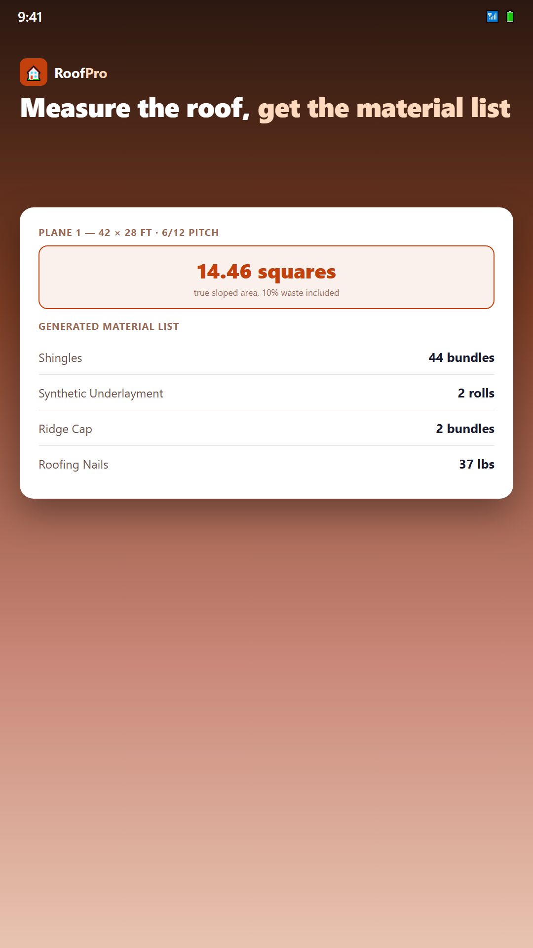 RoofPro measurement and material takeoff screenshot