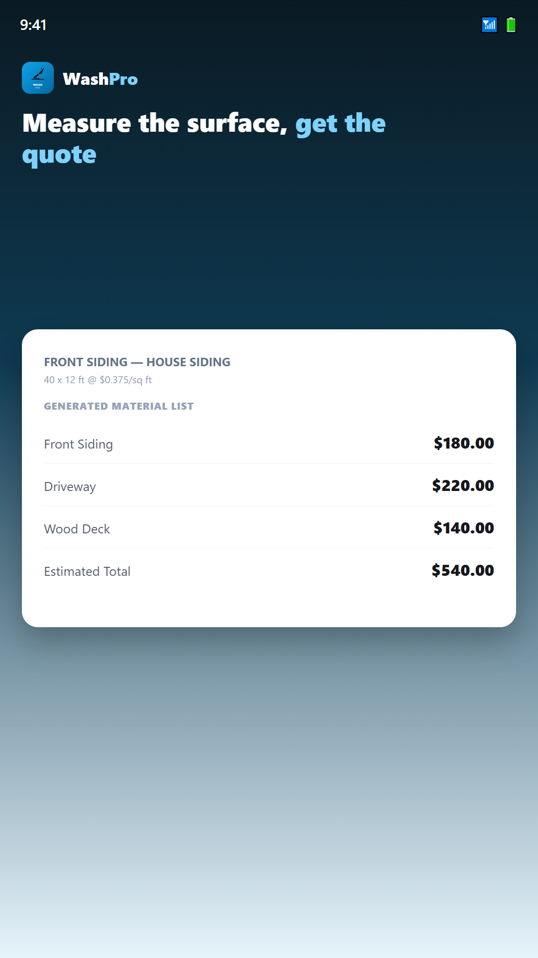 WashPro measure and quote screenshot